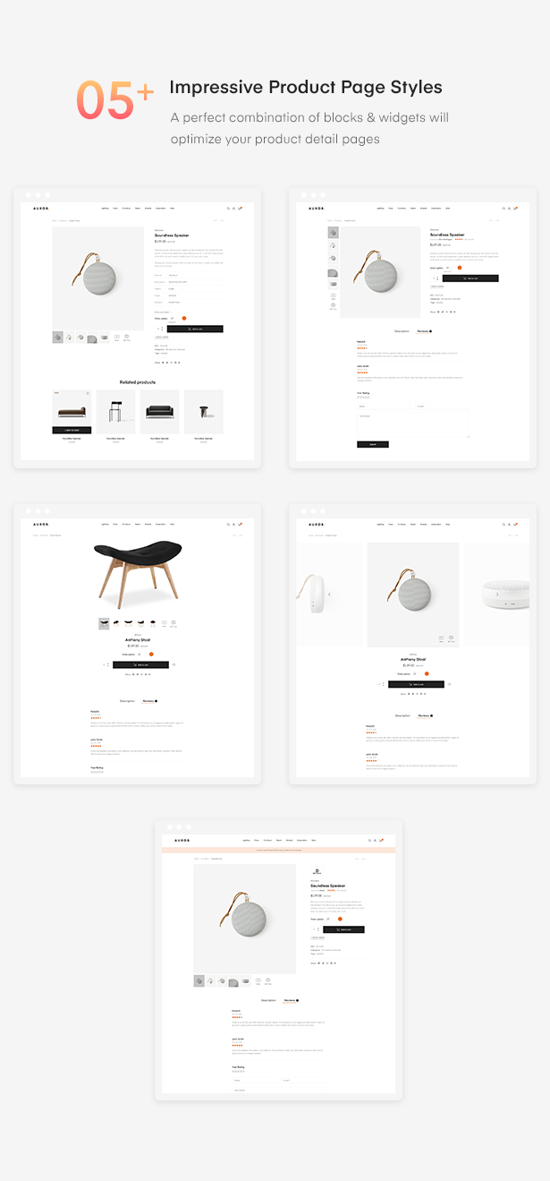 05+ Superbes styles de pages de produits de Auros Furniture Elementor Thème WooCommerce