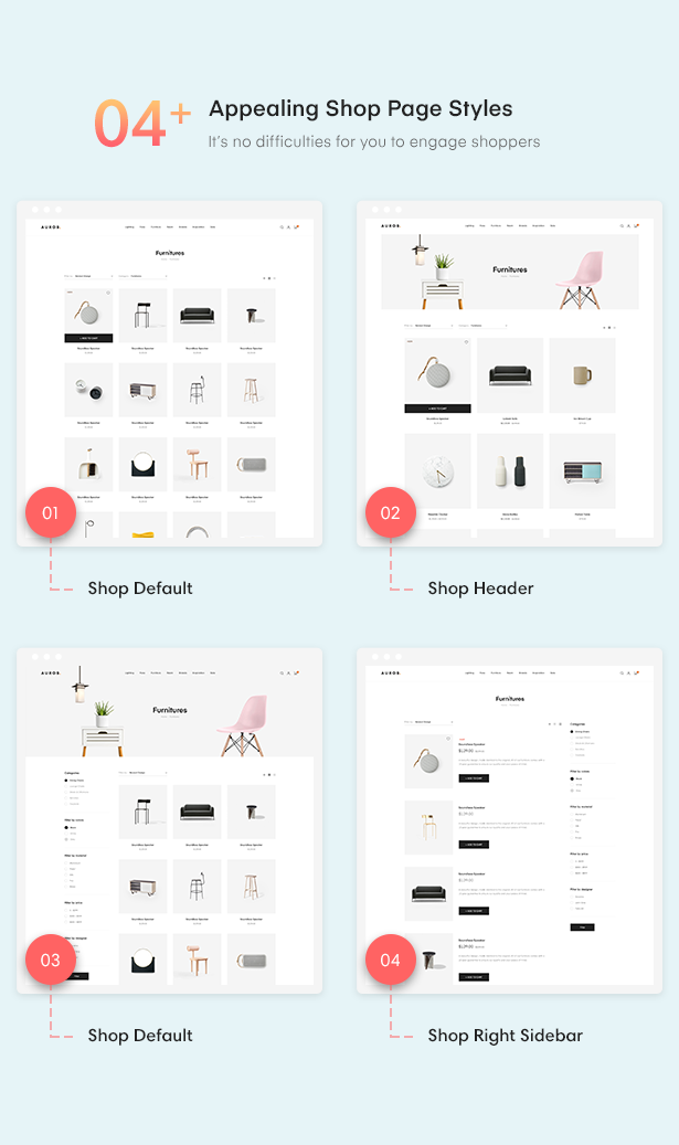 19+ 04+ Styles de page de magasin captivants de Auros Furniture Elementor Thème WooCommerce
