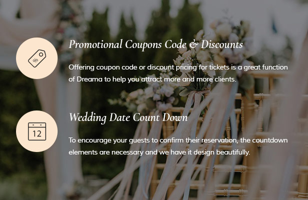 Code promo et compte à rebours pour mariage et mariage Dreama Engagement and Wedding Planner Thème WordPress