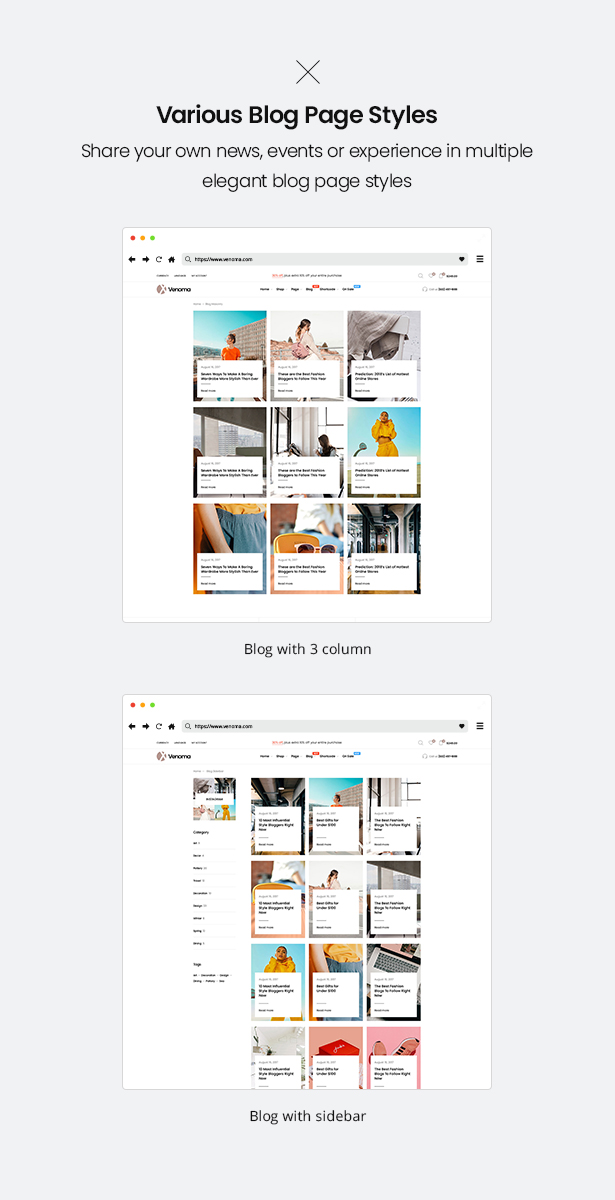 Différents styles de blog Venoma Fashion WooCommerce Thème WordPress