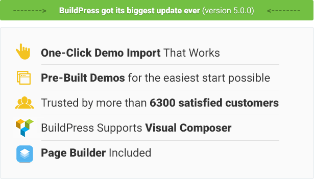 Importation de démo en un clic qui fonctionne, 7 démos prédéfinies pour le démarrage le plus simple possible, choisies par plus de 6300 clients satisfaits, BuildPress prend en charge Visual Composer, Page Builder inclus