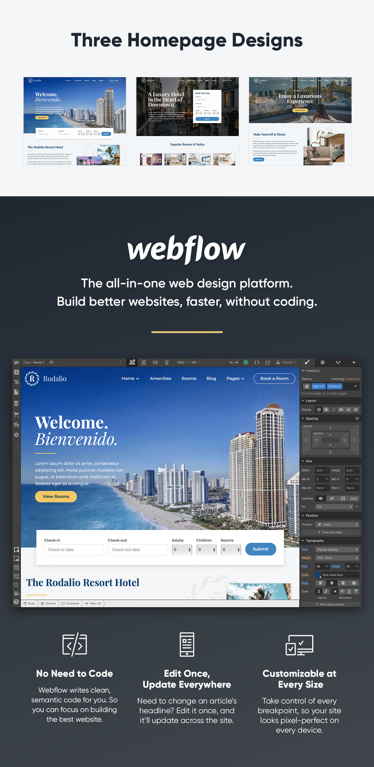 Trois modèles de page d'accueil. Webflow est la plateforme de conception Web tout-en-un. Créez de meilleurs sites Web sans code.
