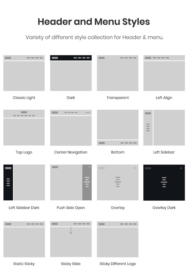 différentes variations de styles d'en-tête et de menu