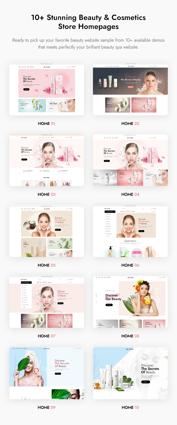 Thème WordPress WooCommerce Beautifo ​​Beauty - 10+ pages d'accueil Premade Beautiful Beauty