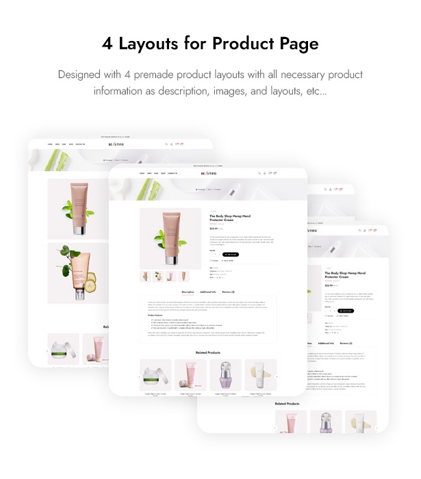 Thème WordPress Beautifo ​​Beauty WooCommerce - 4 mises en page de produits pour les cosmétiques de beauté