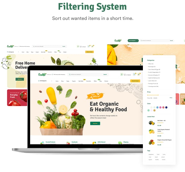 Ecolive - Thème WordPress WooCommerce pour les aliments biologiques - Système de filtrage