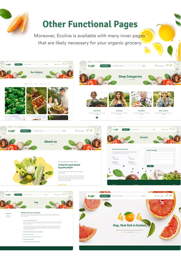 Ecolive - Thème WordPress WooCommerce Alimentation Biologique - Pages fonctionnelles