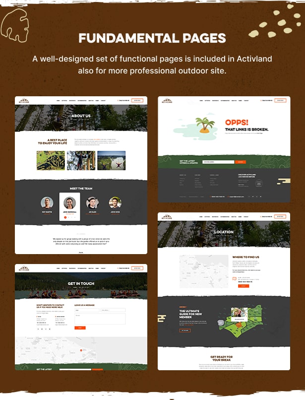 Activland - Thème WordPress pour les activités de plein air - Pages fondamentales