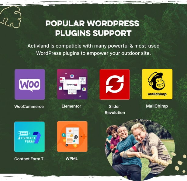 Activland - Thème WordPress pour les activités de plein air - Prise en charge des plugins WordPress