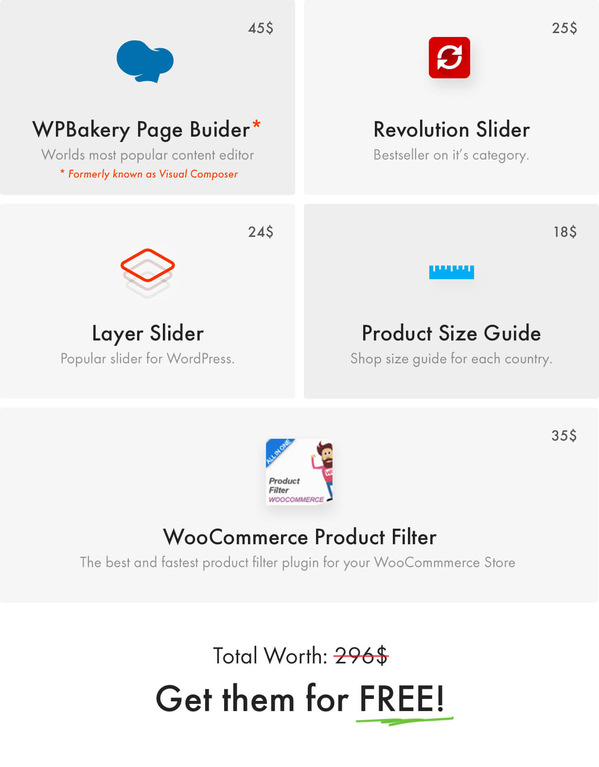 Plugins premium inclus, WPBakery Page Builder, curseur de révolution, SLider de calque, guide de taille de produit, guide de taille de WooCommerce