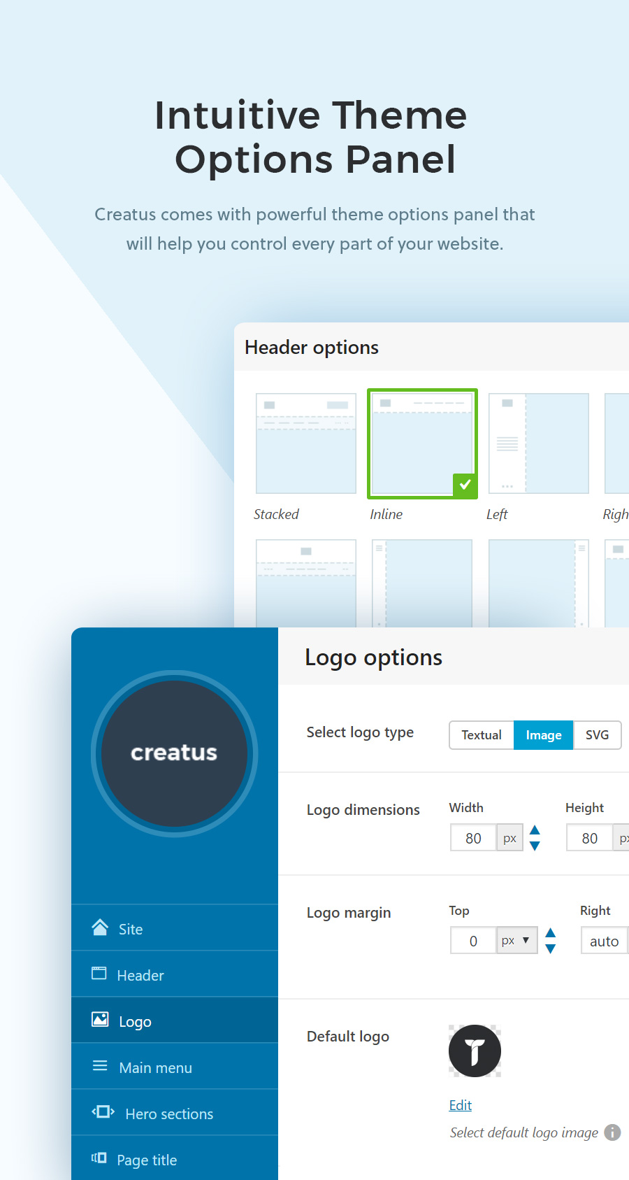 Options du panneau de thèmes thème Creatus WordPress