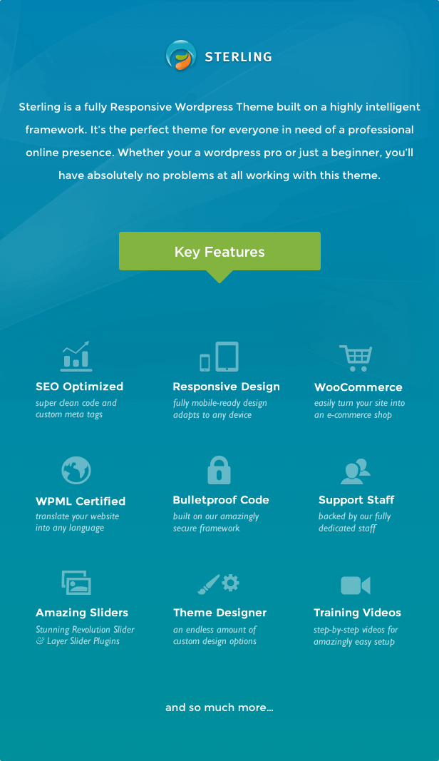Sterling est un thème WordPress totalement responsive basé sur un framework très intelligent. C'est le thème parfait pour tous ceux qui ont besoin d'une présence en ligne professionnelle. Que vous soyez un professionnel de WordPress ou simplement un débutant, vous n'aurez aucun problème à travailler avec ce thème.