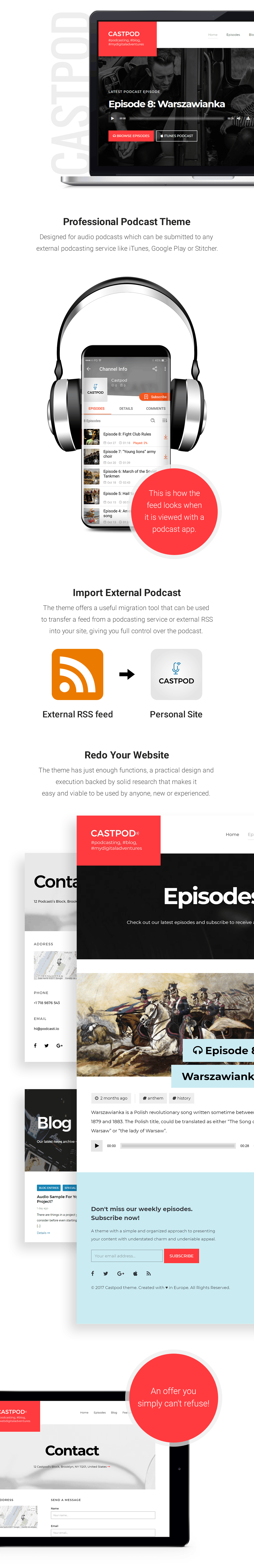 Castpod est un thème WordPress professionnel conçu pour les podcasts audio, qui peut être envoyé sur tout service de podcasting externe tel qu'iTunes, Google Play ou Stitcher.