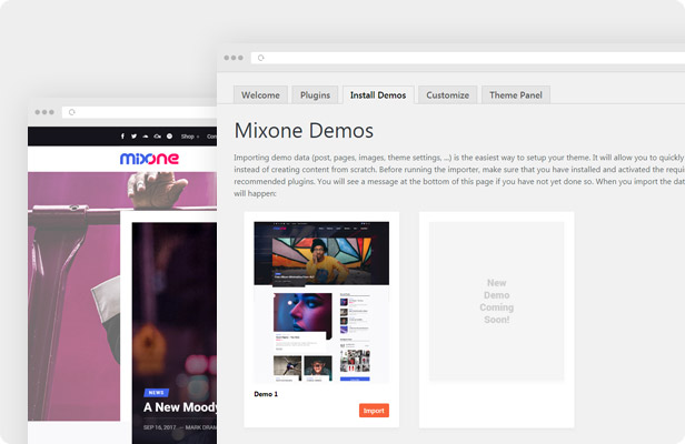Thème WordPress Mixone - Importation de démonstration en un clic