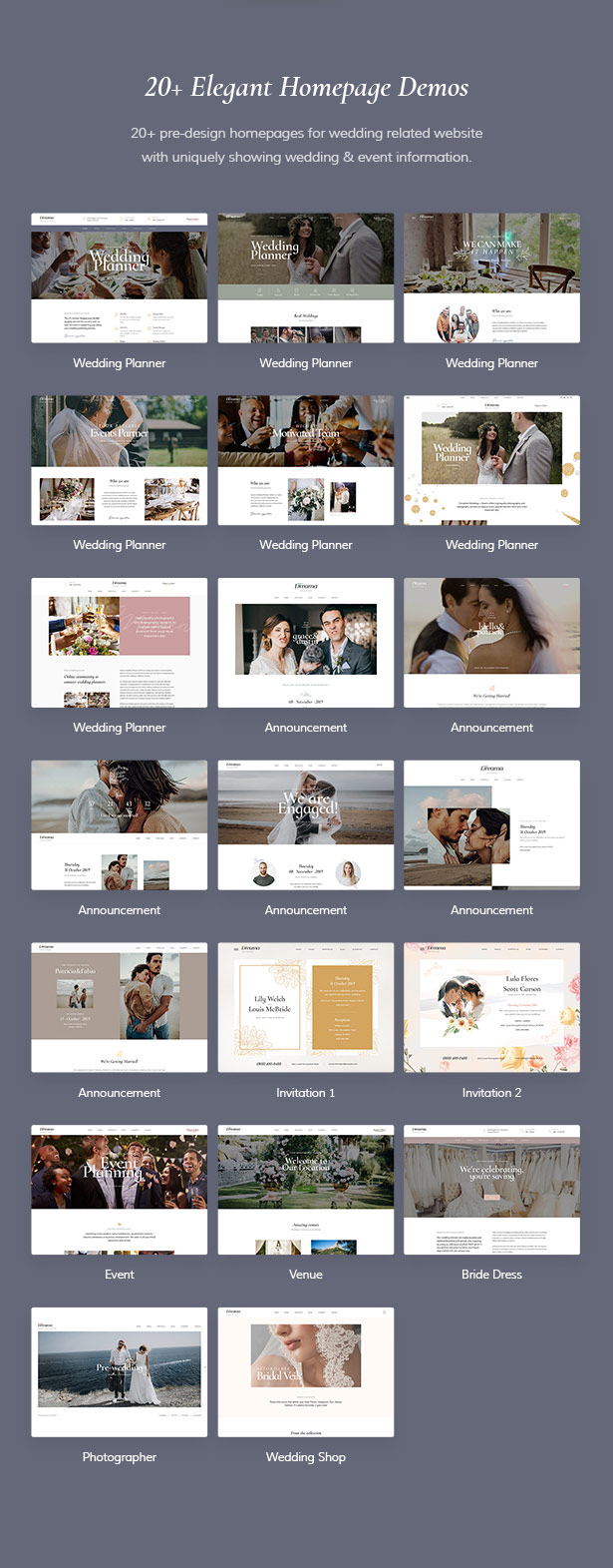 20+ page d'accueil Démos Dreama Responsive Planner & Wedding Planner Thème WordPress